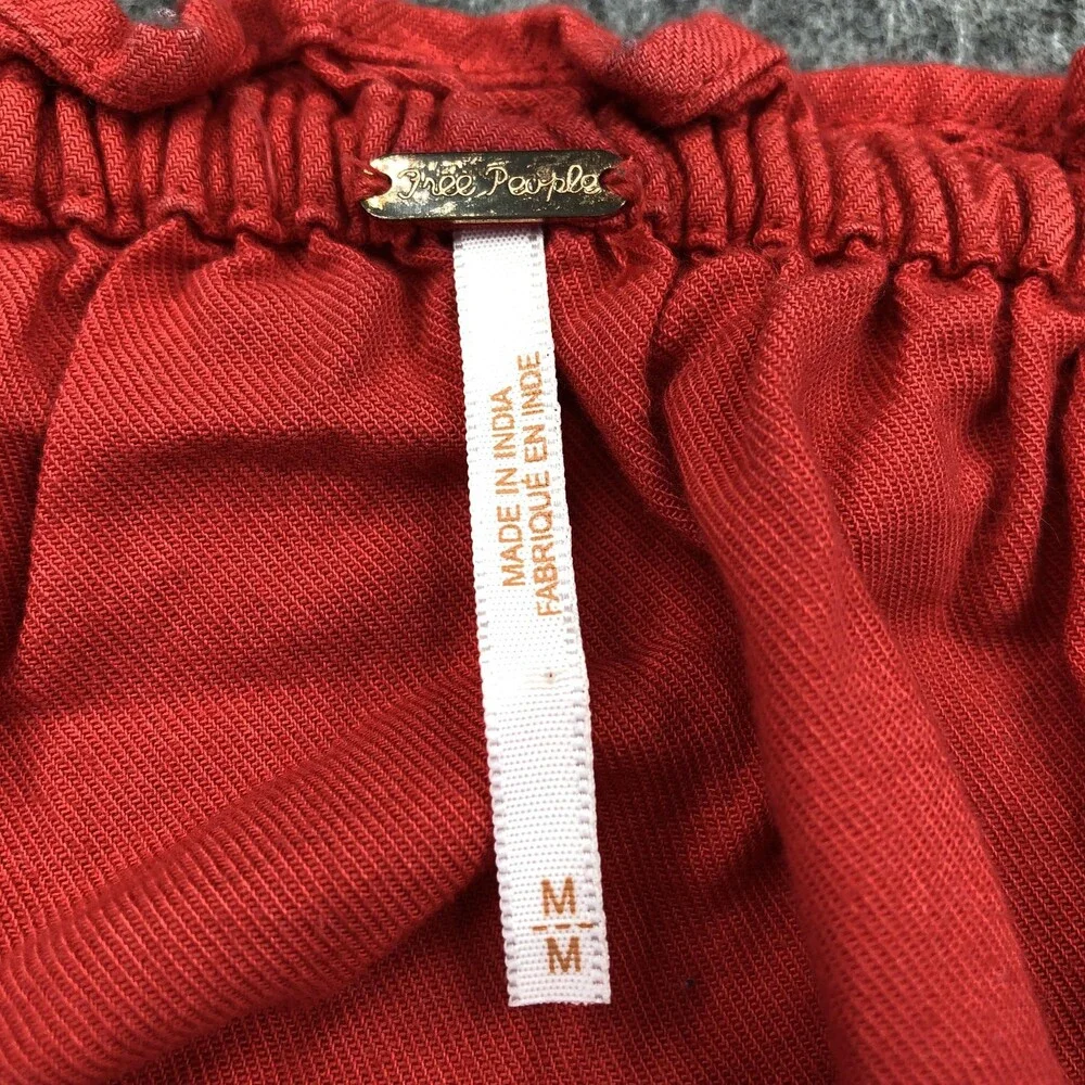 Free People Dress Womens Medium Red Embroidered Off Shoulder Boho Long Sleeve